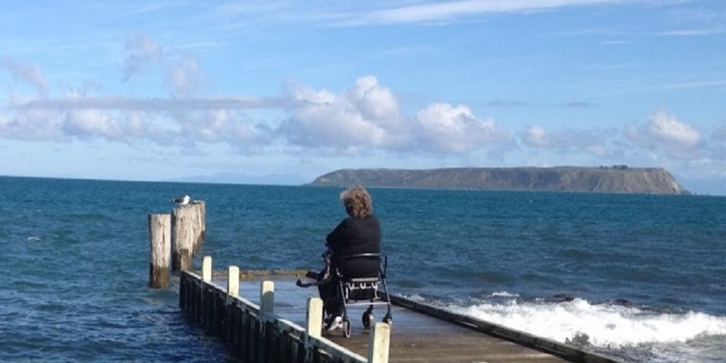 Picture of a woman on a pier, sitting on a walker, and looking out to sea..